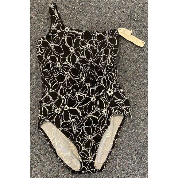 NWT Miraclesuit x Talbots Bathing Suit One Piece One Shoulder Black White 8 New - Picture 1 of 6